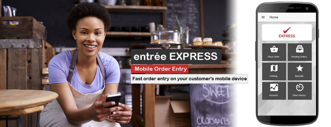 entrée EXPRESS Mobile Order Entry - entrée EXPRESS on mobile photo - smiling woman on mobile phone