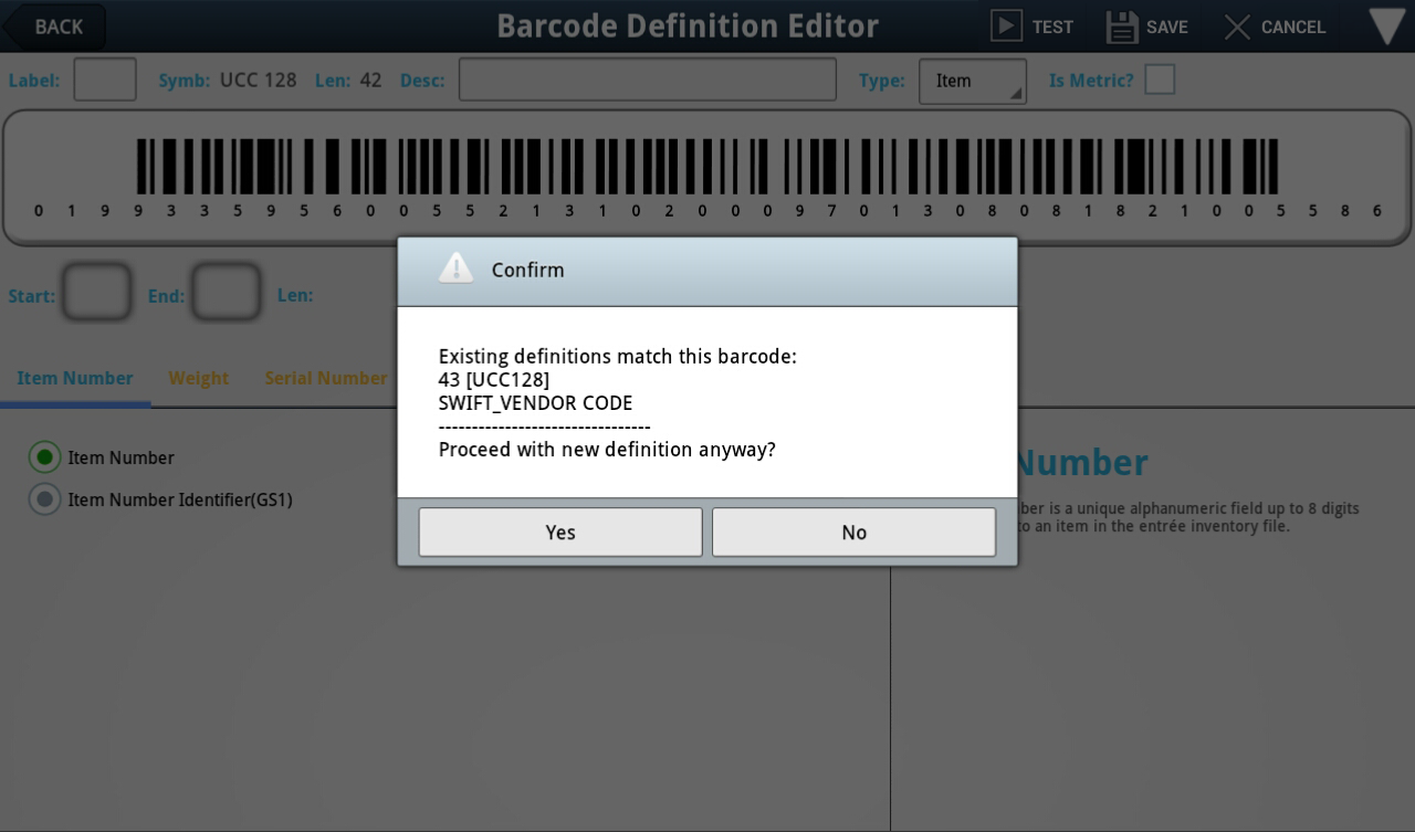 EWM Barcode Definition screen for existing definition