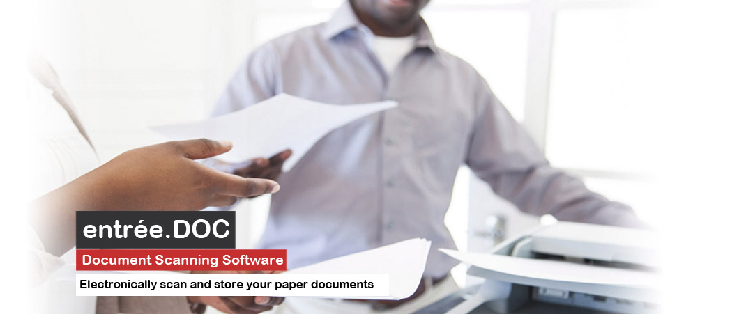 entrée.DOC Document Scanning Software - person holding paper at printer