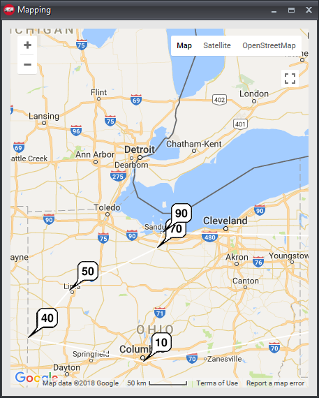 google map image of assignment route mapping with an example area of Ohio