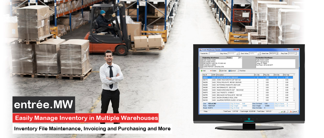 entrée.MW Multi Warehouse - entrée.MW software on monitor - man smiling in warehouse with forklift and pallets behind