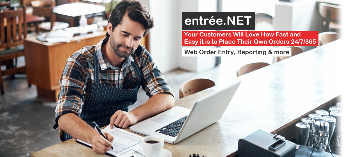 entrée.NET WEBSITE / INTERNET ORDER ENTRY - man writing on notepad with pen next to laptop